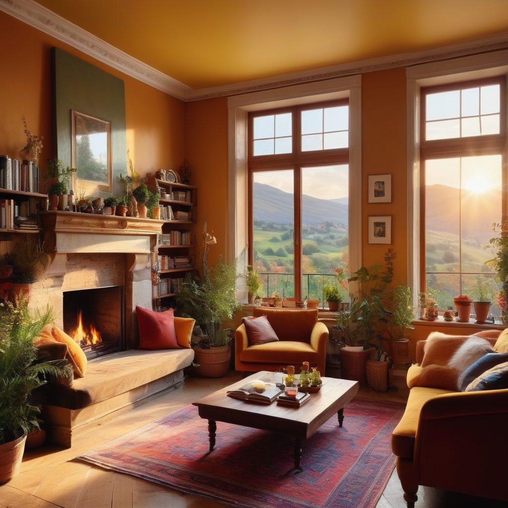A cozy holiday apartment set in a picturesque landscape, featuring colorful decor, a warm fireplace, and large windows that open to a scenic view. Guests of diverse backgrounds are joyfully interacting, enjoying drinks, and sharing laughter. The sun is setting, casting golden hues across the room, creating a welcoming atmosphere. Include plants and personal touches like books and art on the walls. super-realistic. vibrant colors. warm lighting.