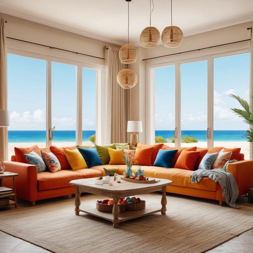 A cozy family-friendly holiday apartment interior, showcasing a spacious living room with plush sofas, warm lighting, and family games scattered around. A beautiful view of a serene beach is visible through large windows, inviting relaxation. Add playful elements like children's toys and a welcoming dining area set for a family meal. Capture the essence of comfort and togetherness. super-realistic. vibrant colors. warm tones.